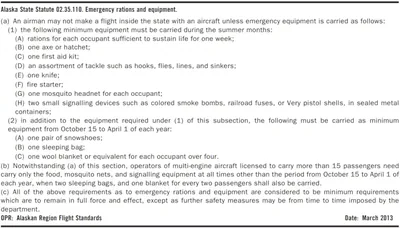 Alaska State Statute 02.35.110. Emergency Rations and Equipment