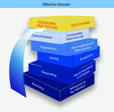 The affective domain (attitudes, beliefs, and values) contains five educational objective levels.