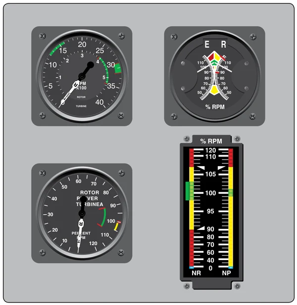 Various dual-needle tachometers display rotor and engine rpm.