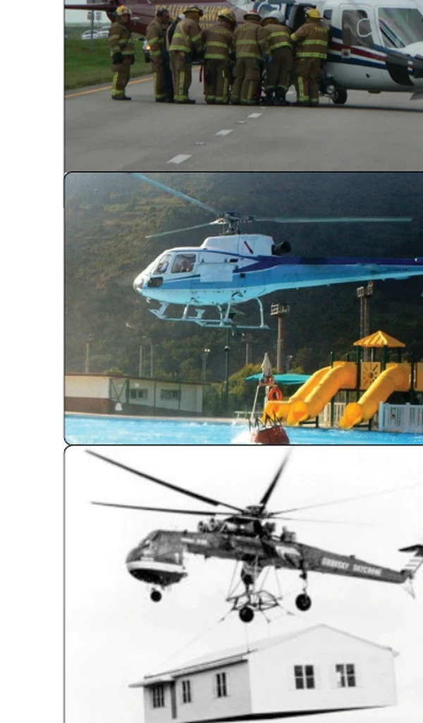The many uses for a helicopter include search and rescue, firefighting, and construction.