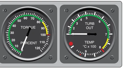 Torque and turbine outlet temperature gauges with operating ranges.