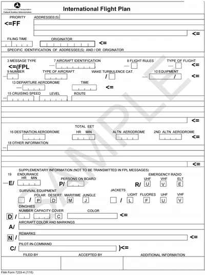 AIM, FAA International Flight Plan Form 7233-4