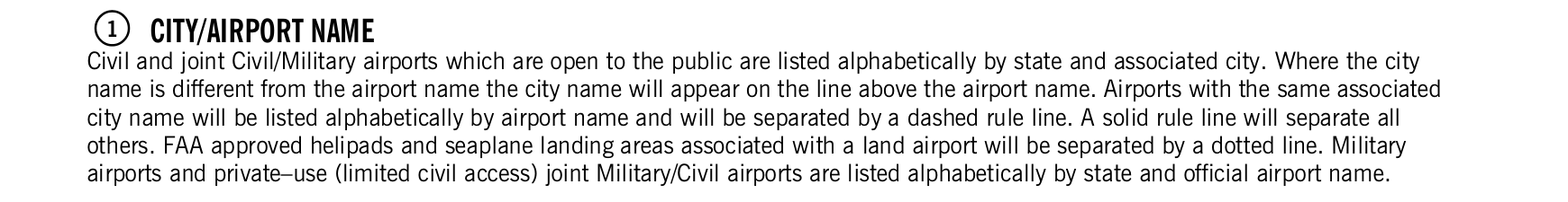 FAA printed legend for item 1, City/airport name, printed page 12. The text version is above.