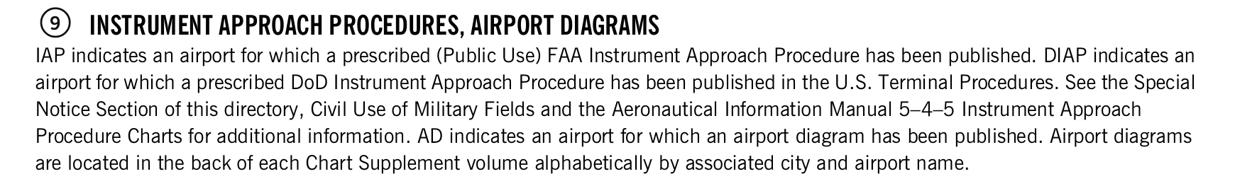 FAA printed legend for item 9, Instrument approach procedures and airport diagrams, printed page 13. The text version is above.