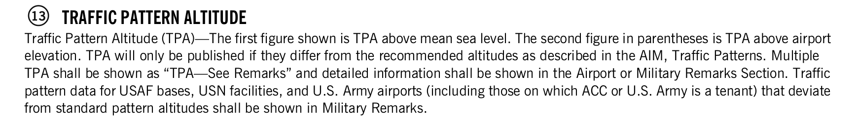 FAA printed legend for item 13, Traffic pattern altitude, printed page 13. The text version is above.