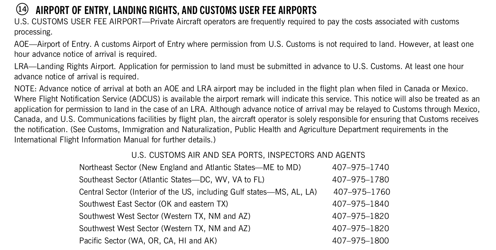 FAA printed legend for item 14, Airport of entry, landing rights and customs user fee airports, printed page 13. The text version is above.
