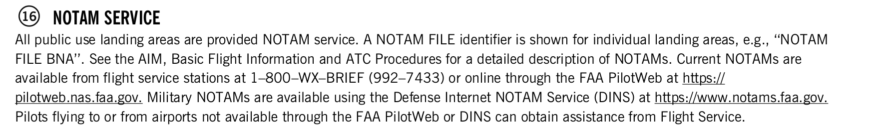FAA printed legend for item 16, NOTAM service, printed page 14. The text version is above.