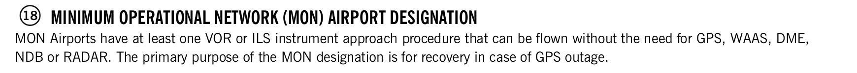 FAA printed legend for item 18, Minimum operational network airport designation, printed page 14. The text version is above.