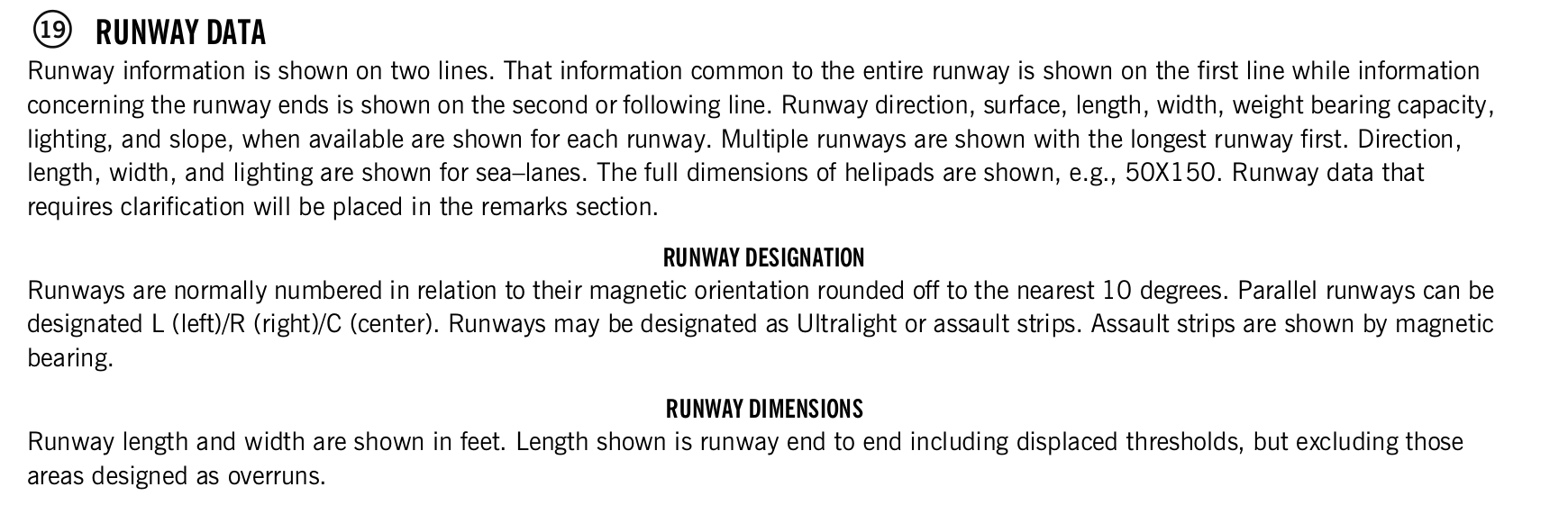 FAA printed legend for item 19, Runway data, printed page 14. The text version is above.