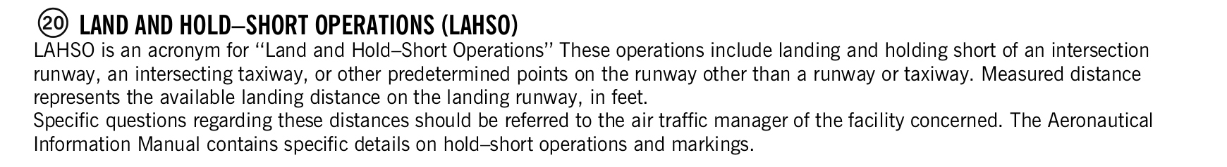 FAA printed legend for item 20, Land and hold-short operations, printed page 17. The text version is above.