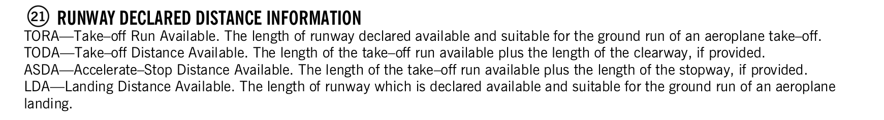 FAA printed legend for item 21, Runway declared distance information, printed page 17. The text version is above.