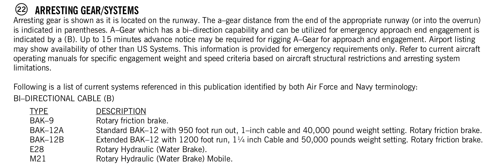 FAA printed legend for item 22, Arresting gear/systems, printed page 17. The text version is above.
