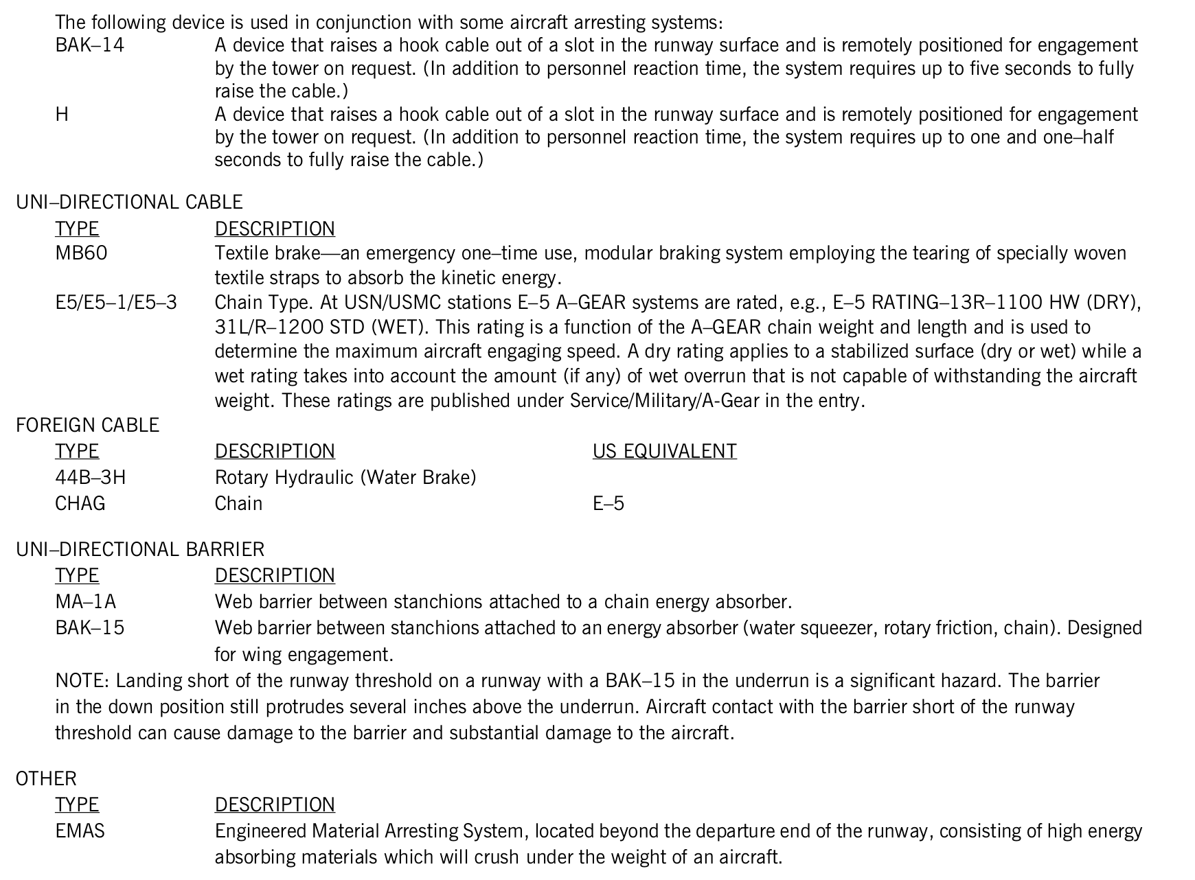 FAA printed legend for item 22, Arresting gear/systems, printed page 18. The text version is above.