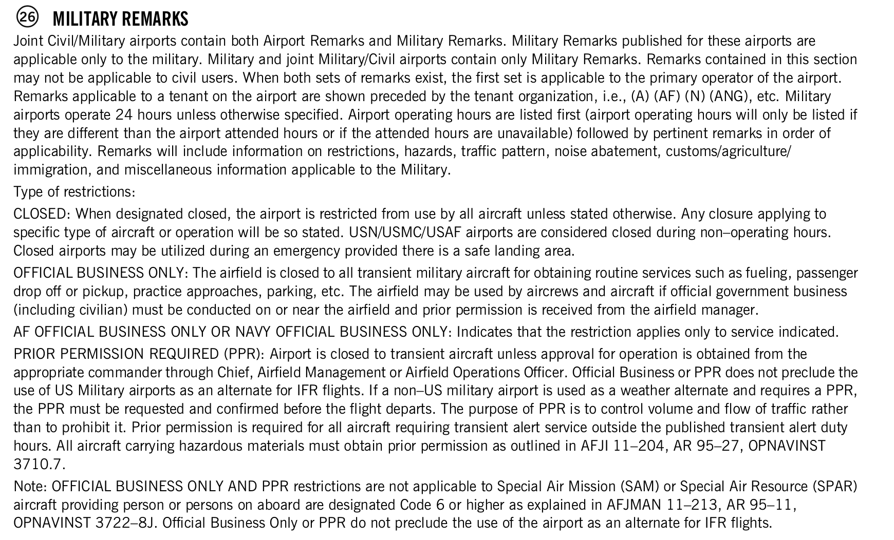 FAA printed legend for item 26, Military remarks, printed page 22. The text version is above.