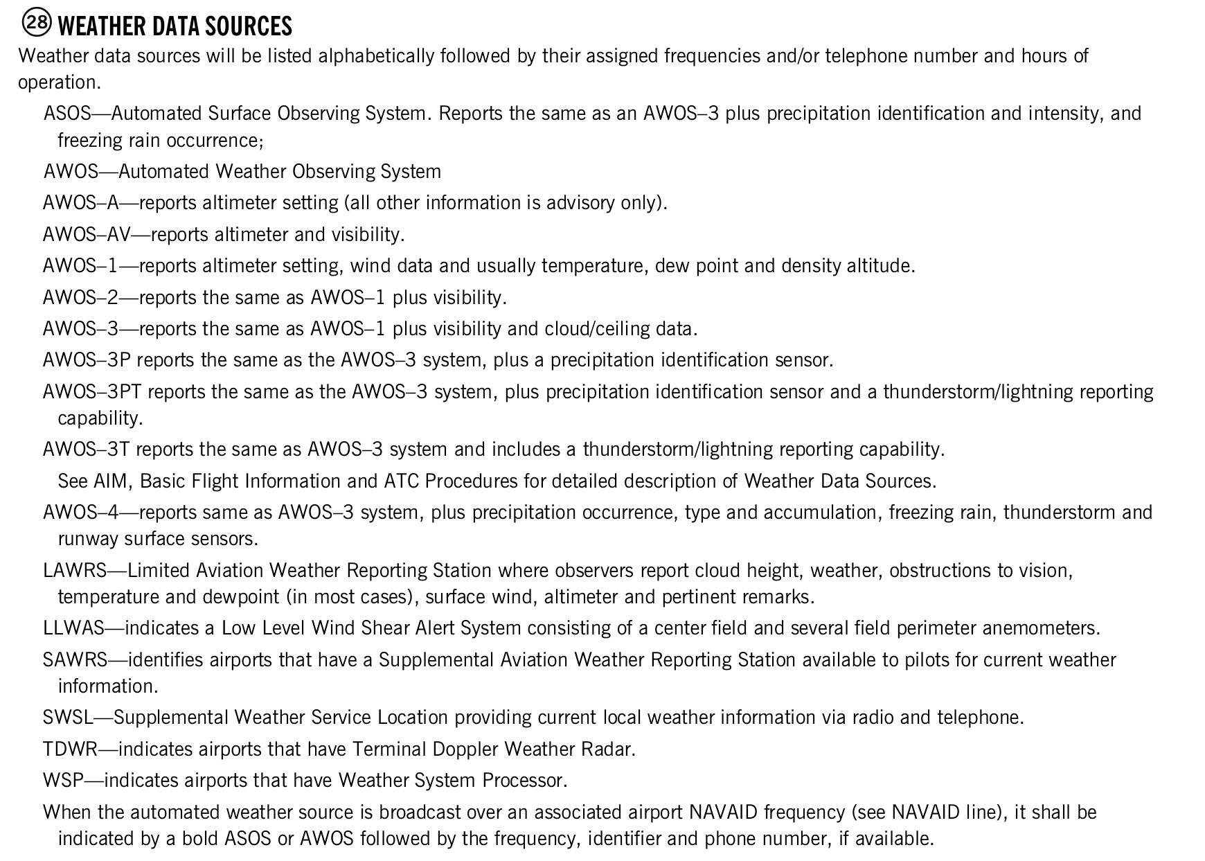 FAA printed legend for item 28, Weather data sources, printed page 22. The text version is above.