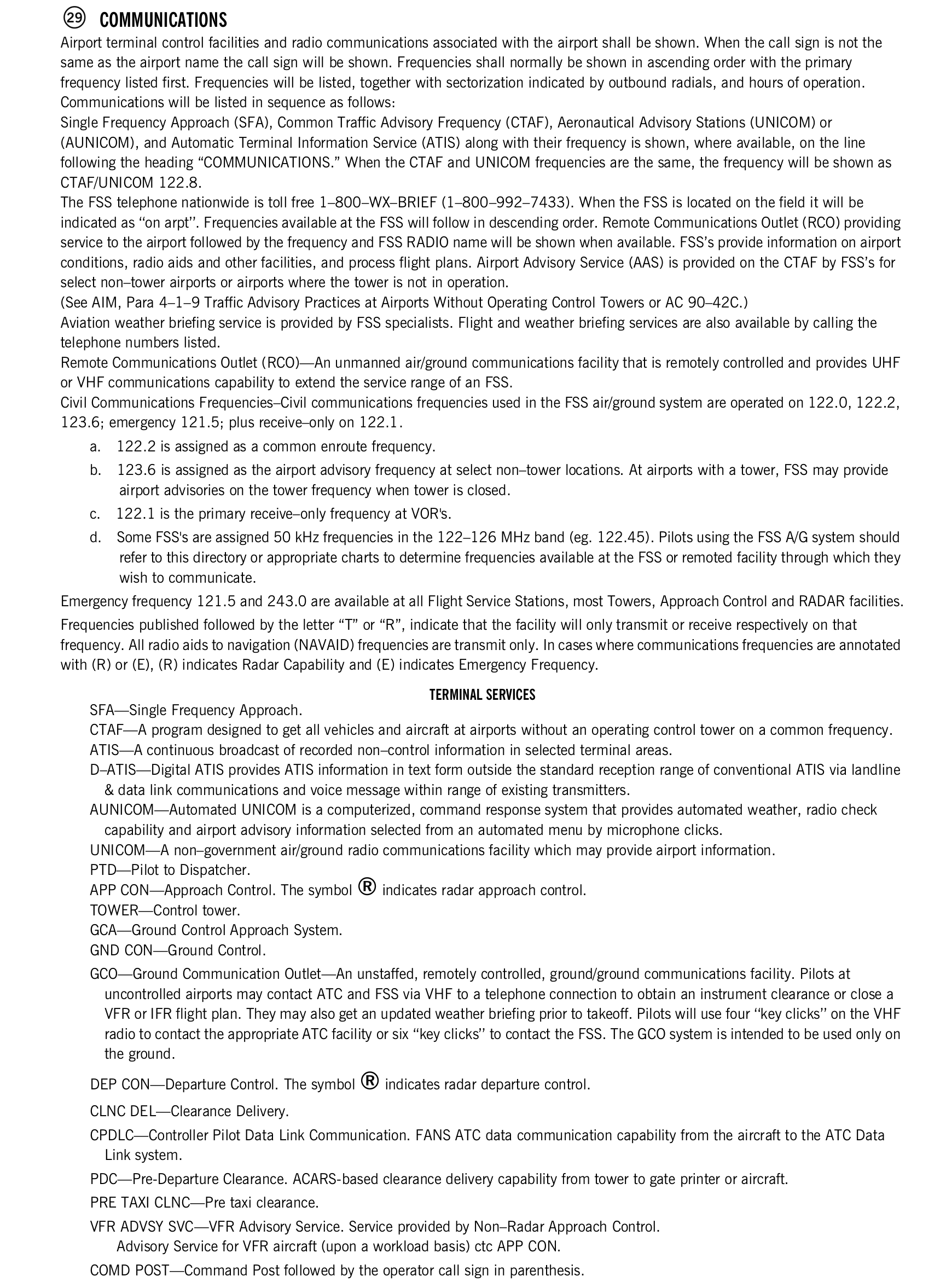 FAA printed legend for item 29, Communications, printed page 23. The text version is above.