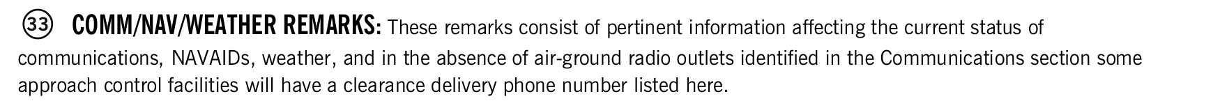 FAA printed legend for item 33, COMM/NAV/weather remarks, printed page 28. The text version is above.