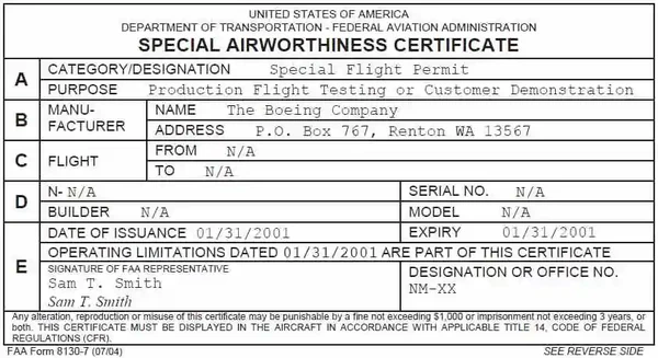 Special Airworthiness Certificate