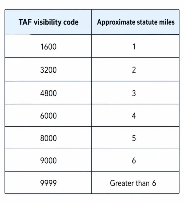 TAF Visibility Code to Statute Miles Conversion